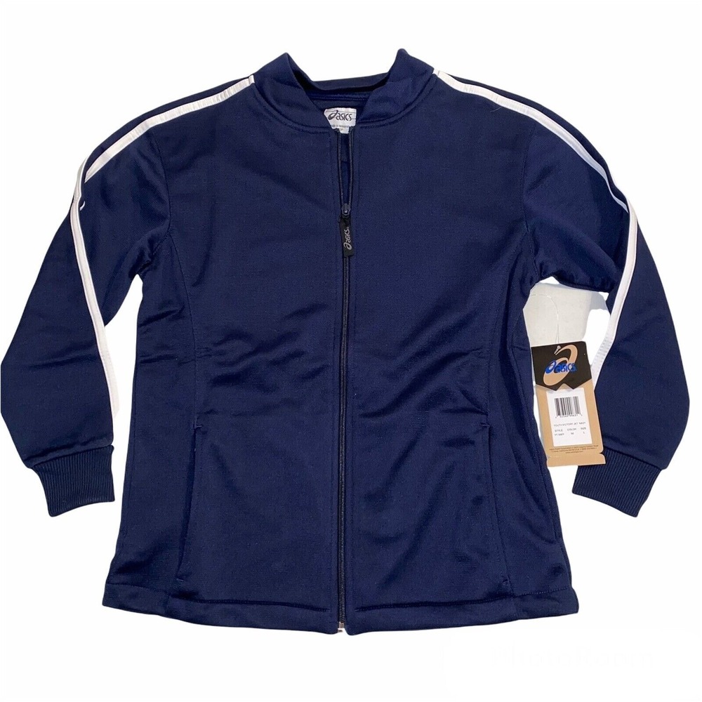 Asics Youth Victory Jacket Kids L Fleece Full Zip Navy w White Stripes NWT